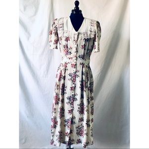 VINTAGE 80s Peri Petites White Floral Cottagecore Dress with Statement Collar